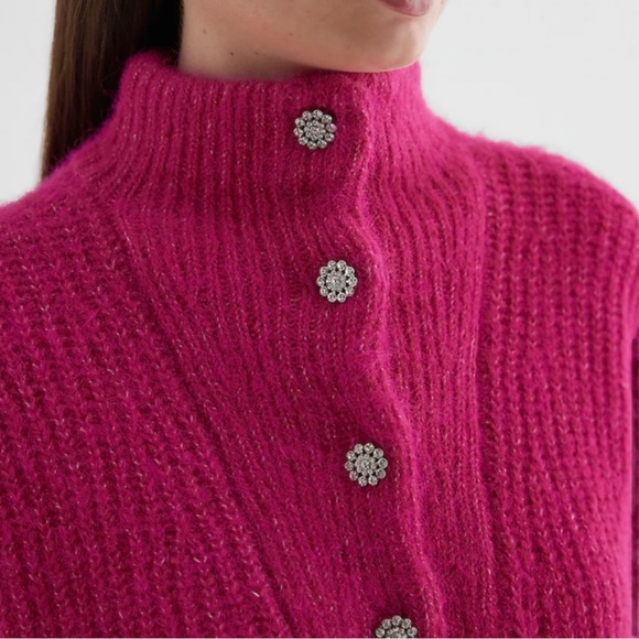 NWT $108 Express Oversized Wool Blend Embellished Snap Tunic Sweater Fuchsia XS - Picture 5 of 10